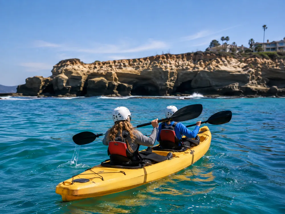 Two kayakers paddling a tandem toward the caves